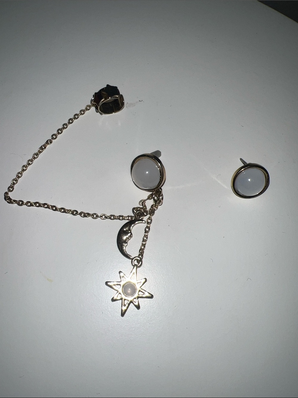 Gold Moon & Star Dangle Earrings with Cuff and Stone